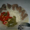 Микс обед ( печень индейки + филе говядины ) + рис басмати с шафраном и Поджареные Болгарские перцы с имбирем.