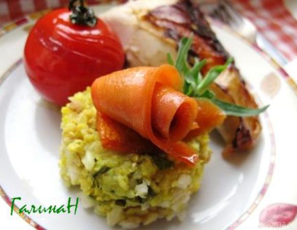 Курица, фаршированная мраморным рисом, с глазированными овощами