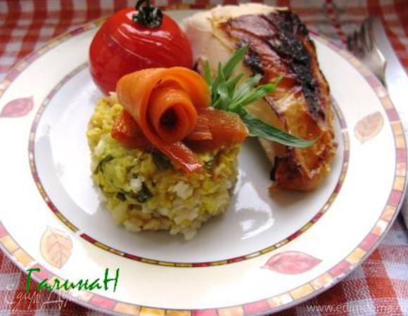 Курица, фаршированная мраморным рисом, с глазированными овощами
