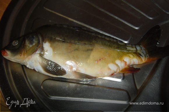Очищенную и выпотрошенную рыбу натираем снаружи и внутри солью.