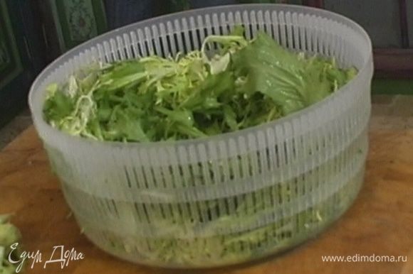 Листья салата вымыть, высушить, поместить в пластиковый контейнер и поставить в холодильник на несколько часов.