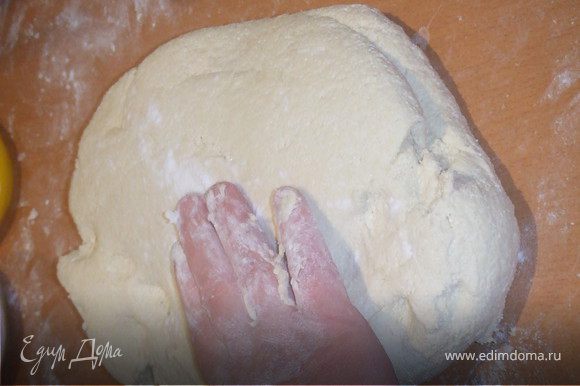 В миску выкладываем творог, к нему добавляем яйца,сахар,соду (погасить уксусом), стакан муки. Замесить тесто.