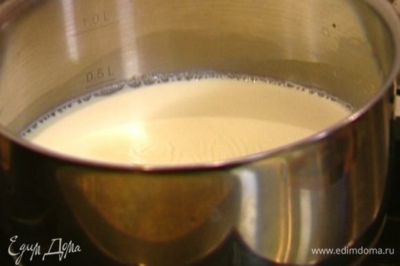 Молоко довести до кипения и, помешивая, влить в муку тонкой струйкой.