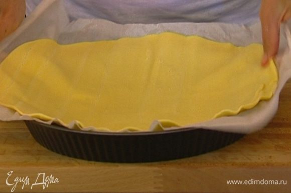 Охлажденное тесто раскатать, выложить на бумагу для выпечки и уложить в круглую форму.