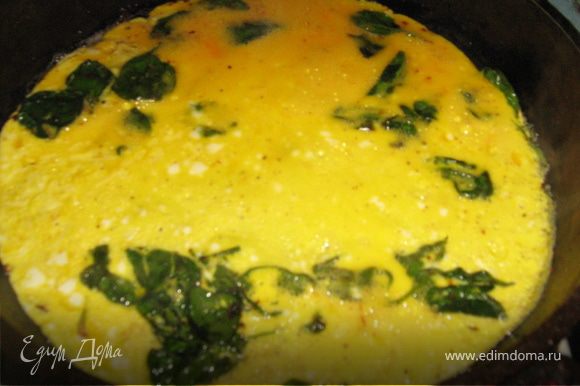 Масло разогреть на сковороде, припустить шпинат. Яйца взбить венчиком, добавить специи, вылить на сковороду, поджарить до готовности.