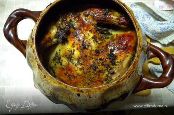 Я очень люблю запекать курицу в глиняном горшке (залить полностью тем же маринадом и накрыть на некоторое время крышкой, потом крышку снять и запекать дальше). Она там сочнее и вкуснее чем просто на противне.
