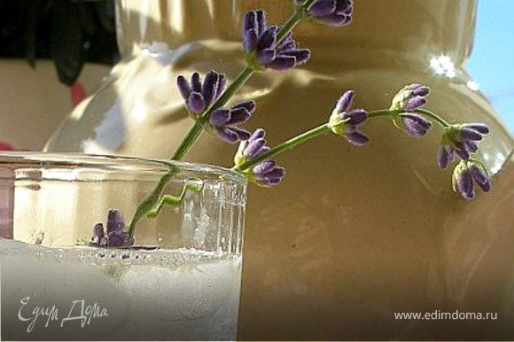 Лавандовую воду процедить от цветков. Смешать с сахарным сиропом и лимонным соком. Подавать немедленно со льдом!