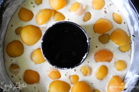 В форму влить тесто, сверху разложить абрикосы. Выпекать в духовке, разогретой до 180 градусов 40-50 мин.