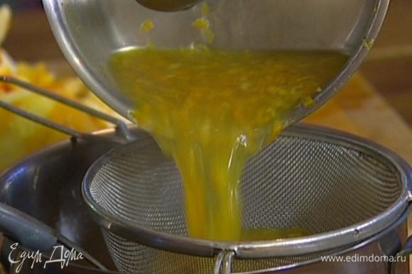 Влить апельсиновый сок, добавить сок лимонов и лайма и желатин. Размешивать до полного растворения желатина, затем процедить.