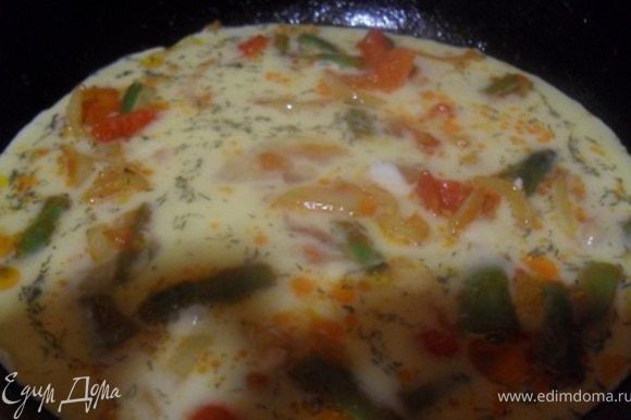 Залить яичной смесью овощи.Накрыть крышкой, готовить на среднем огне 5-7 минут.