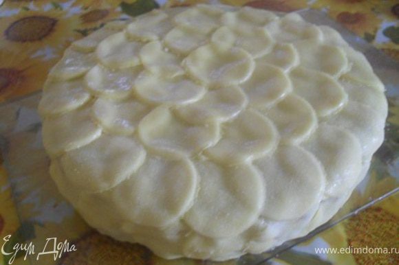 Охлажденный торт покрыть кружками, создавая вид своеобразной "чешуи".