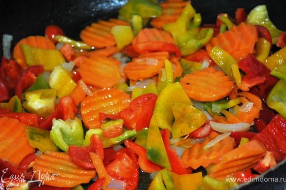 В большой глубокой сковороде разогреть масло, обжарить овощи до мягкости.