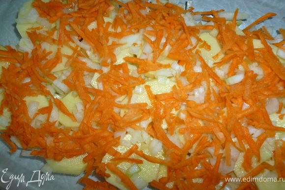Берем форму для запекания,на дно наливаем немного растительного масла,затем выкладываем слой картофеля и немного лука и морковки,слегка солим и перчим.