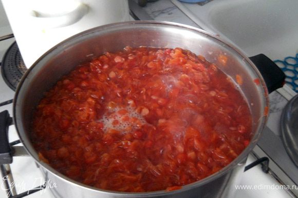 Жмых из ягод, полученный после отжима, добавляем в кастрюлю с отваром из веточек и снова доводим до кипения. Кипятим 3-5 минут.