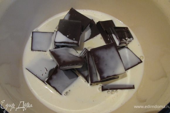 Конфеты: Залить горячими сливками нарубленный шоколад и перемешать до полного растворения шоколада.