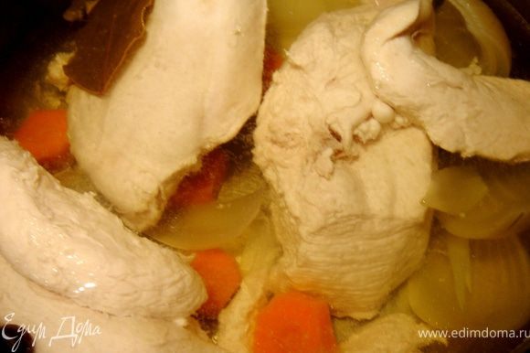 Отварить курицу с ароматными приправами(лавровый лист,душистый перец,гвоздика,луковица,морковь,зелень укропа).