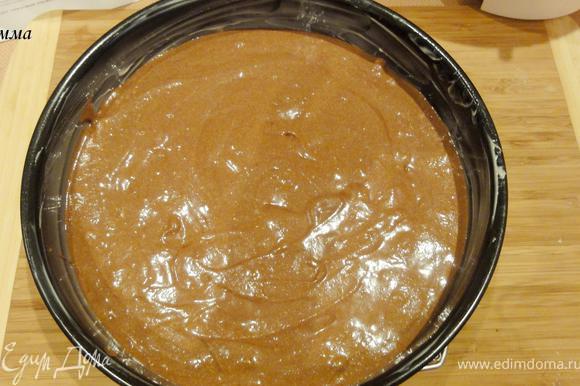 Смажьте форму сливочным маслом, вылейте в нее тесто и поставьте выпекать в разогретую до 180 гр. духовку на 45 минут. Готовый корж остудите на решетке.
