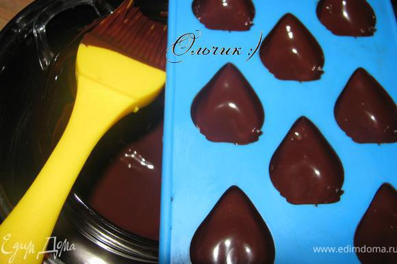 Промазываем щедро немного остывшим шоколадом формочку для конфет (шоколад не должен быть горячим, т. к. он весь стечет на дно формочки, а по краю будет совсем тонкий слой). Отправляем в холодильник на 15 минут до полного застывания.
