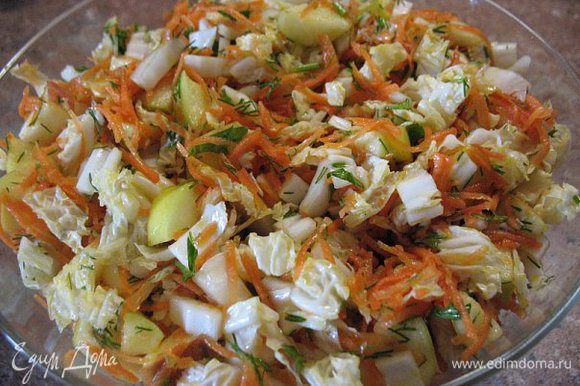 Салат:морковь на тёрке,яблоко кубиками,листья салата,зелень,масло под.,уксус ябл.,соль,чуть песка