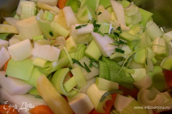 Добавляем овощи, мелкопорезанный розмарин, бульон и готовим на среднем огне до мягкости овощей минут 30.