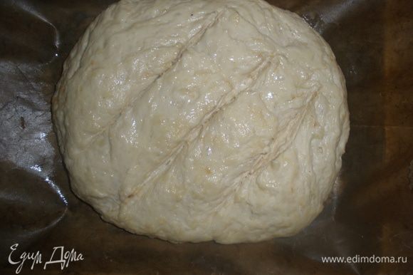 Смазать подсолнечным маслом. Сделать 3-4 надреза на поверхности хлеба. Выпекать 30 минут.