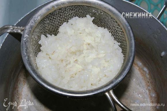 Рис отварить в подсоленной воде до готовности в большом количестве воды. Слить, промыть, оставить стечь.