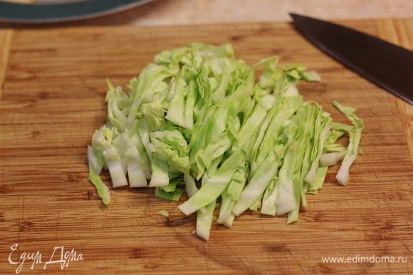 В качестве гарнира я использовал салат из молодой капусты. Порежьте капусту соломкой.