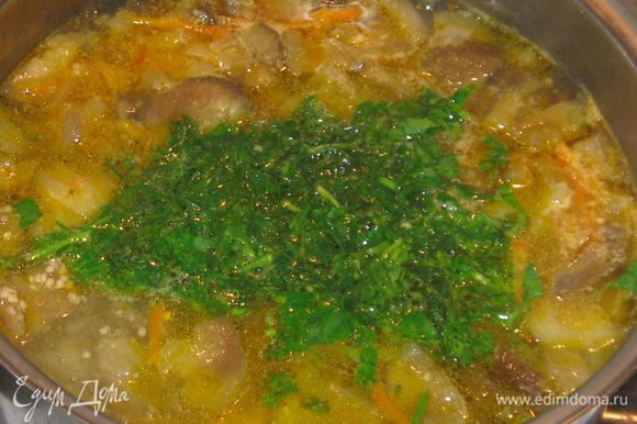 Добавить обжаренные овощи в кастрюлю с супом. Проварить еще 1-2 минуты. Положить мелкопорезанную зелень. Суп готов. Дать ему настояться в течении 10 минут.