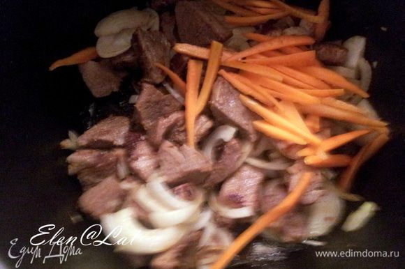 Мясо посолить и поперчить, посыпать специями. Укладываем слои. К мясу добавить слой нарезанного репчатого лука и морковь соломкой.