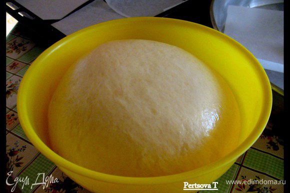 Замесила тесто, накрыла и положила в теплое место подниматься, оно должно увеличиться в два или три раза.