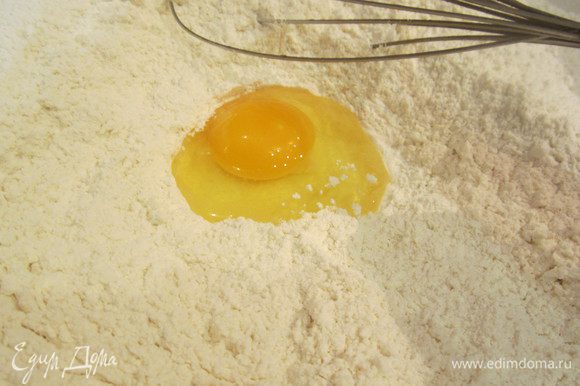 Сделать лунку, добавить яйцо и взбить его вилкой,постепенно ввести в мучную смесь молоко (немного подогреть в микроволновке), замесить тесто.