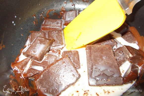 Разламываем вторую плитку шоколада на кусочки,добавляем 2ст.ложки молока или воды и ставим на водяную баню.Растапливаем до получения однородной массы:)