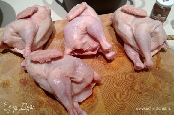 Берем цыпленка. Я готовил четыре порции, поэтому взял сразу четырех цыплят. Помыл их и обсушил их бумажным полотенцем