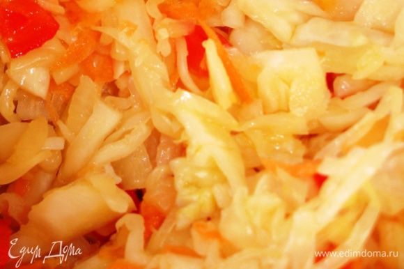 Капусту нашинковать. Лук и перец нарезать кубиками, морковь натереть на крупной терке. Все овощи посыпать солью и дать постоять около 1 часа.