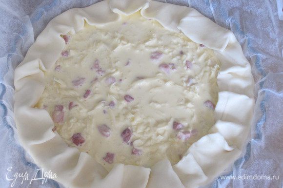 Выложить яично-сырную начинку на тесто,бортики завернуть внутрь и выпекать в разогретой до 180°С духовке 30 -35 минут.