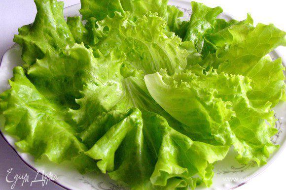 Выложить слой салатных листьев на плоское блюдо.