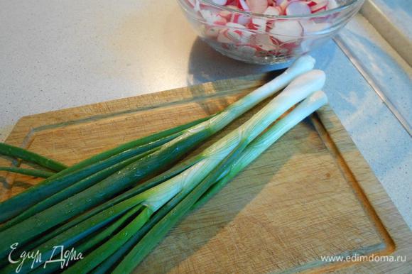 Порезать зеленый лук, и перемешать салат Натереть сыр и соединить с салатом