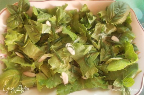 На блюдо порвать листья салата, базилика и порезать лучок.