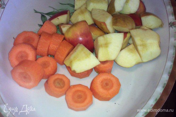 Фрукты вымыть,морковь очистить и нарезать на небольшие кусочки, с яблок удалить сердцевинки и также нарезать.