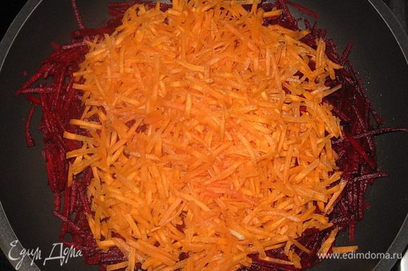 Свеклу и морковь залить частью горячей воды, добавить уксус. Тушить до готовности.