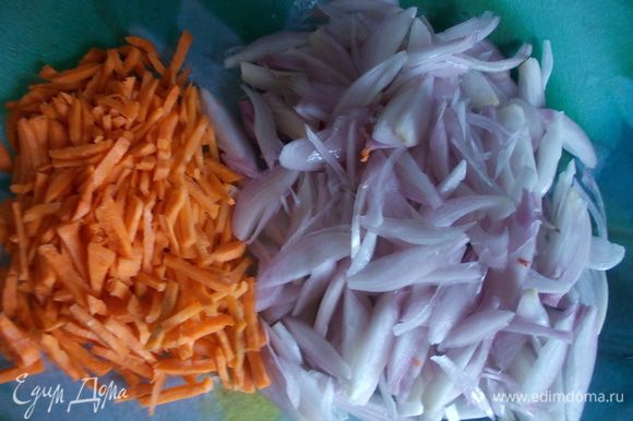 Приготовьте подливу. Нарежьте соломкой 2 луковицы и морковь.