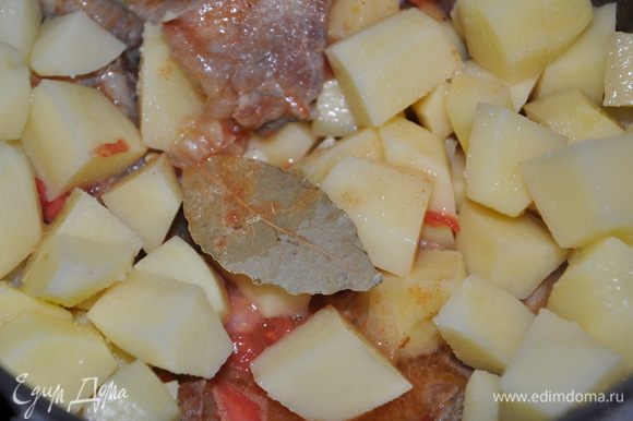 Помидоры очистить от кожицы. Картофель и помидоры порезать кубиками, добавить к мясу. Посолить, поперчить, положить лавровый лист. Перемешать.