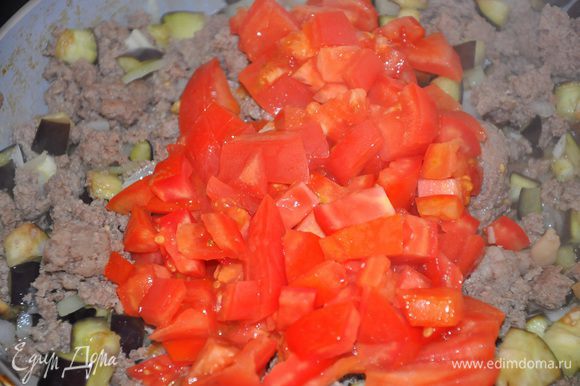 Добавьте к мясу томатную пасту, помидоры, душицу, корицу, посолите и поперчите, тушите до загустения.