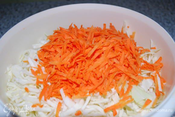 Капусту мелко нашинкуйте, морковь натрите на терке, перемешайте немного, мять капусту не нужно.