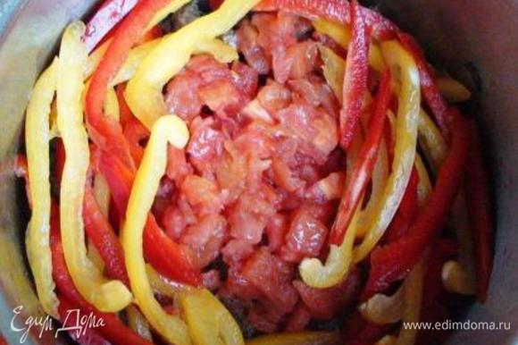 Добавить помидоры и перец, проверить на соль, закрыть крышкой и тушить около 40 минут, периодически добавляя бульон.