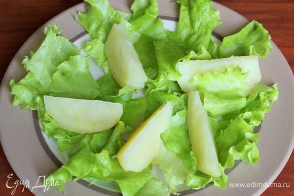 Промытые и обсушенные листья салата порвите уложите на дно блюда (или порционных тарелок). В один слой на небольшом расстоянии друг от друга разместите кусочки картофеля.