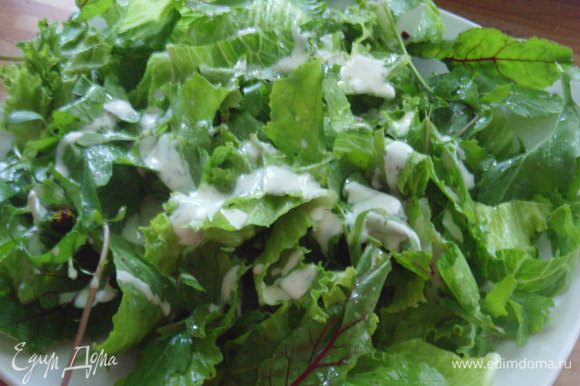 Смешать все ингредиенты для салатной заправки. На блюдо выложить салатный микс (рукола, мангольд, корн и т.д. по вашему желанию) и полить небольшим количеством заправки.