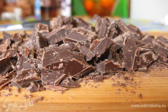 Если у вас нет шоколадных капель, можно взять обычную плитку горького шоколада и не очень мелко порубить ножом. Выложить шоколад в тесто и перемешать.