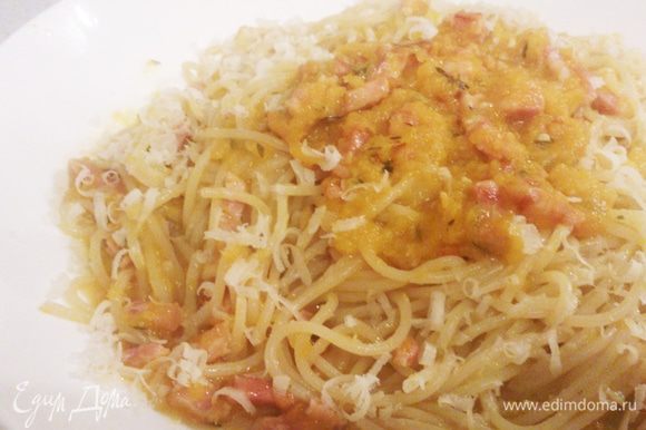 Смешать спагетти с соусом. При необходимости добавить немного воды, в которой варились спагетти. По желанию посыпать тертым пармезаном.