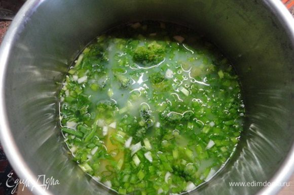 Для супа брокколи разберите на соцветия, чеснок и лук мелко порубите и потом все ингредиенты, за исключением оливкового масла, поместите в кастрюльку, доведите до кипения и варите на медленном огне минут 10.